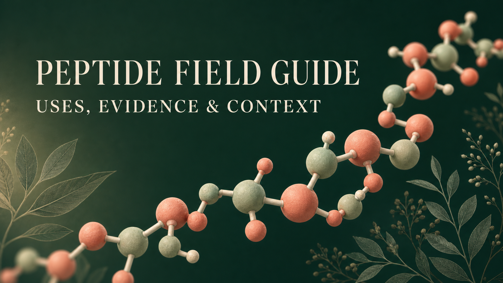 Peptide Field Guide: Uses, Evidence and Context, illustrated with a molecular model and botanical details