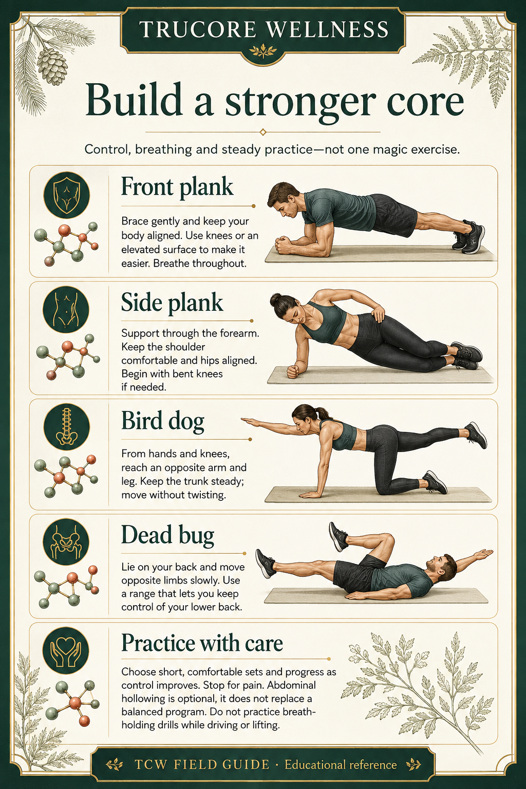 Build a stronger core. TruCore Wellness illustrated reference; complete text follows on its guide page.