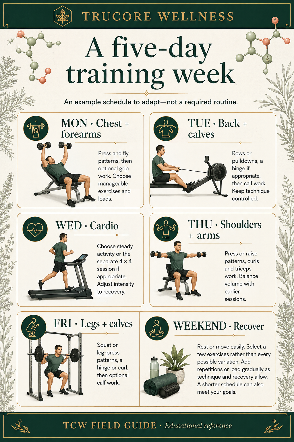 A five-day training week. TruCore Wellness illustrated reference; complete text follows on its guide page.